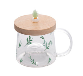 Caneca de Vidro Lyor Com Pires de Bambu Suculenta 330ml