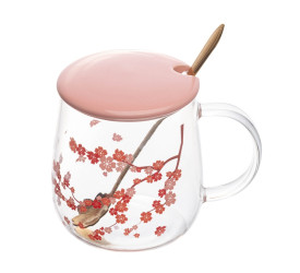 Caneca Wolff de Vidro C/ Tampa e Colher Sakura 500ml 