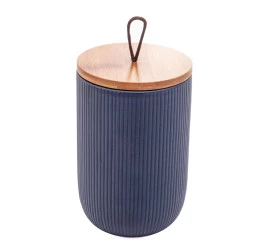 POTICHE LYOR DE CERAMICA DECORATIVO C/TAMPA EM BAMBU E PEGADOR DE CORDA LINES AZUL MARINHO 10x10x15