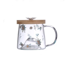 Caneca de Vidro Lyor Com Pires de Bambu Daisy 330ml