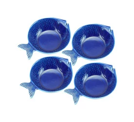 Cjnt 4 Peixes Decorativos Wolff Cerâmica Ocean Azul 20x14cm
