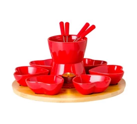 Aparelho Fondue C/ Base Em Bambu 14 Peças Vermelha
