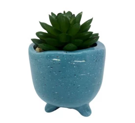 Vaso Com Suculenta Em Dolomita E Plástico Cor Azul 